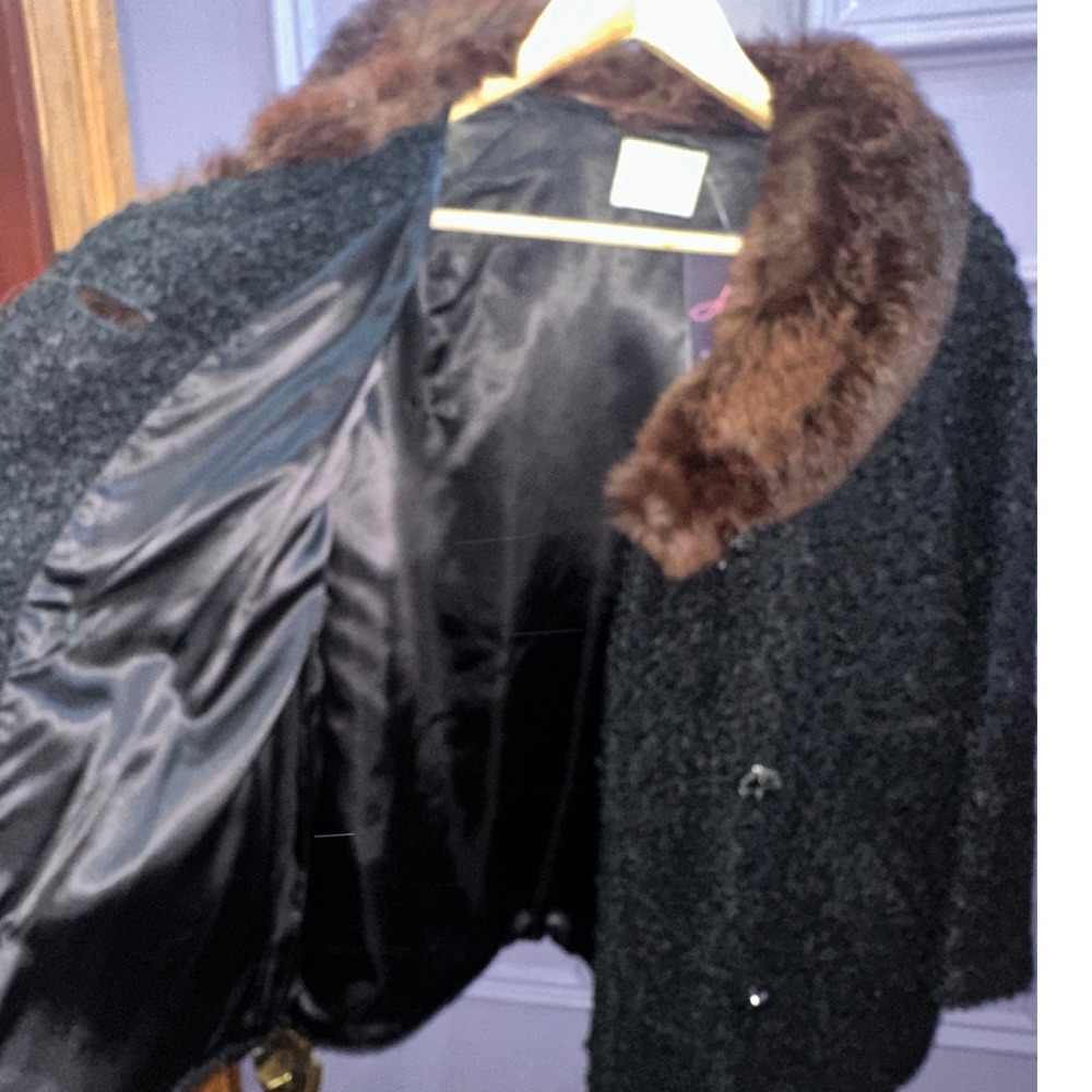 Vintage 50s Winter Persian Lambswool Coat Mink Fur Collar Black Swing Jacket L - Picture 5 of 5